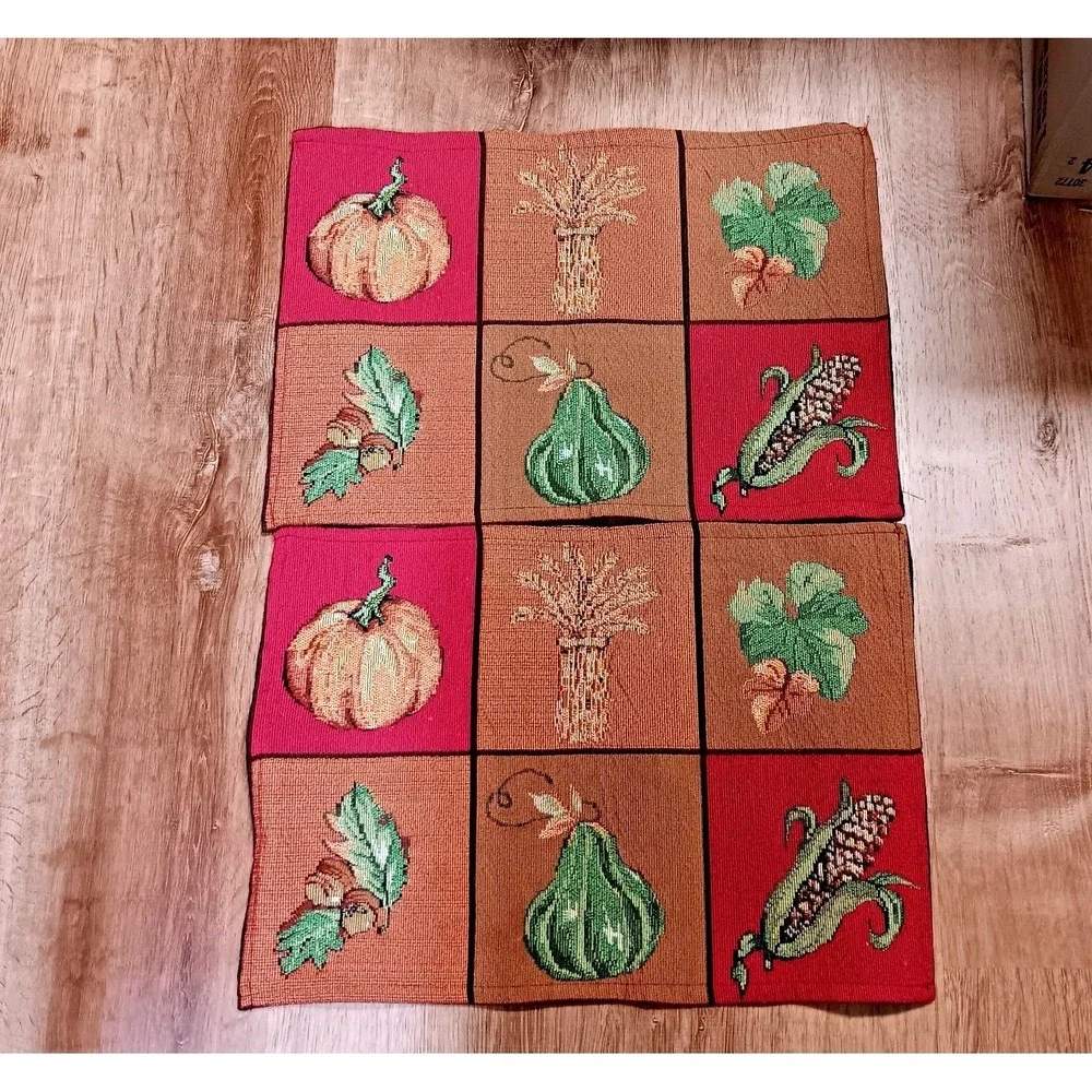 Fall Harvest Placemats Set 2 Thanksgiving Pumpkin Corn Woven Tapestry